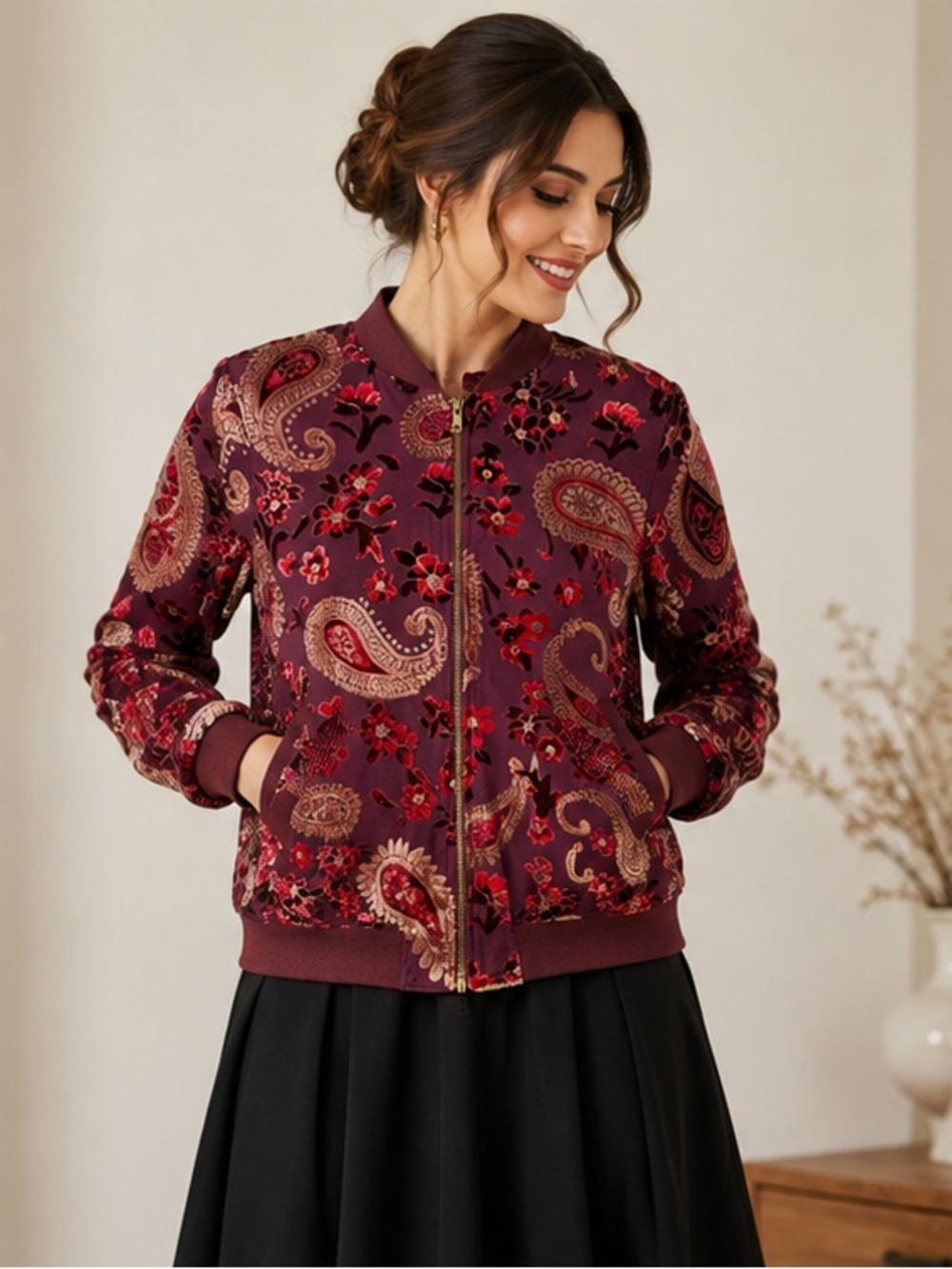 Womens Paisley Floral Bomber Jacket - Berry Size M